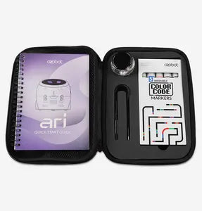 Packaging and contents of the Ozobot Ari Entry Kit with markers and charging cable.